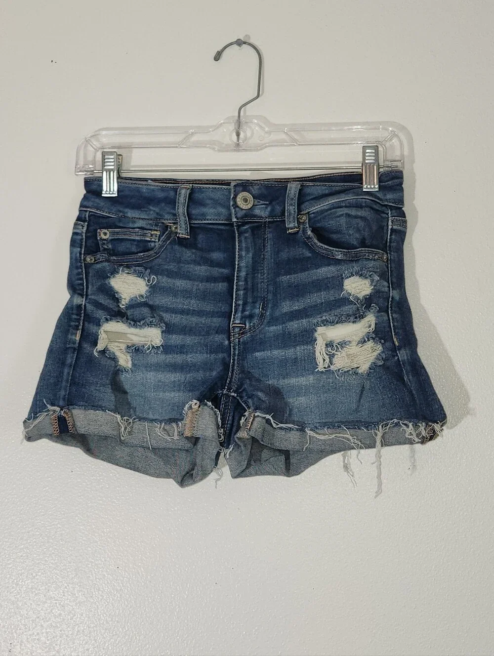 Distressed American Eagle Hi-Rise Shortie Dark Blue Denim Women's Shorts